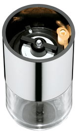 Elektrische Mühle aus Edelstahl und Glas, Ansicht von oben mit sichtbarem Mahlwerk.