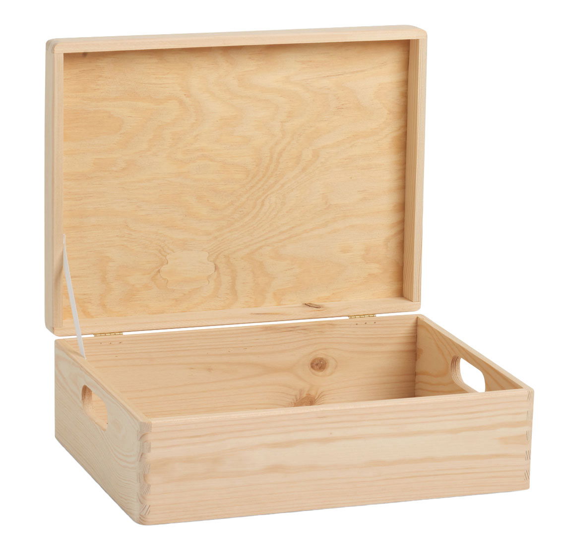 Holz-Allzweckkiste mit offenem Deckel, seitliche Perspektive