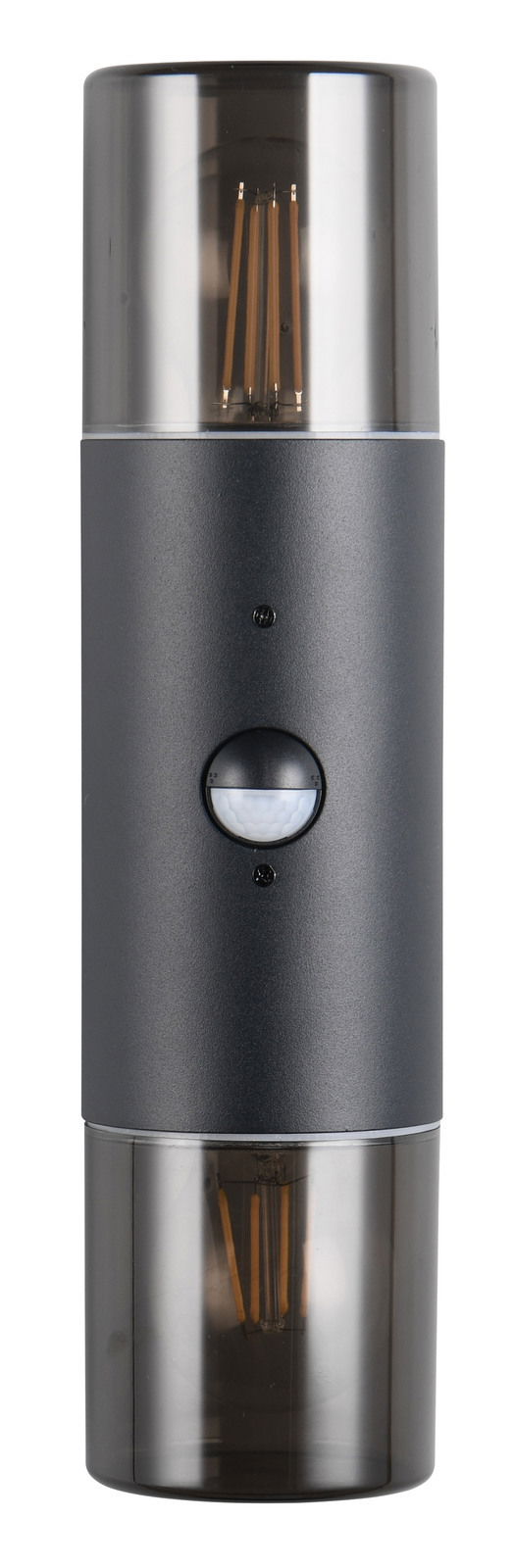 Moderne Wandleuchte HOOSIC in zylindrischer Form mit schwarzem Gehäuse und transparenten Enden, frontal abgebildet.