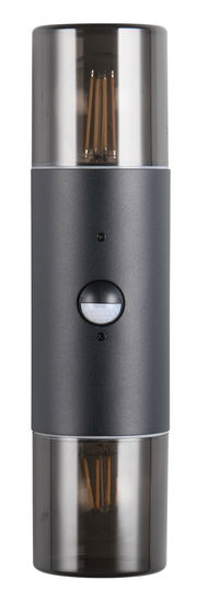 Moderne Wandleuchte HOOSIC in zylindrischer Form mit schwarzem Gehäuse und transparenten Enden, frontal abgebildet.