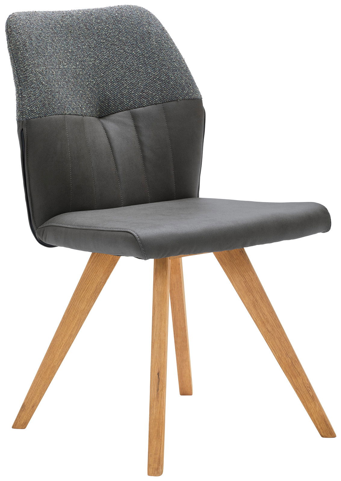 Moderner Stuhl mit grauem Sitz und Rückenlehne, kombiniert mit Holzbeinen, seitliche Perspektive