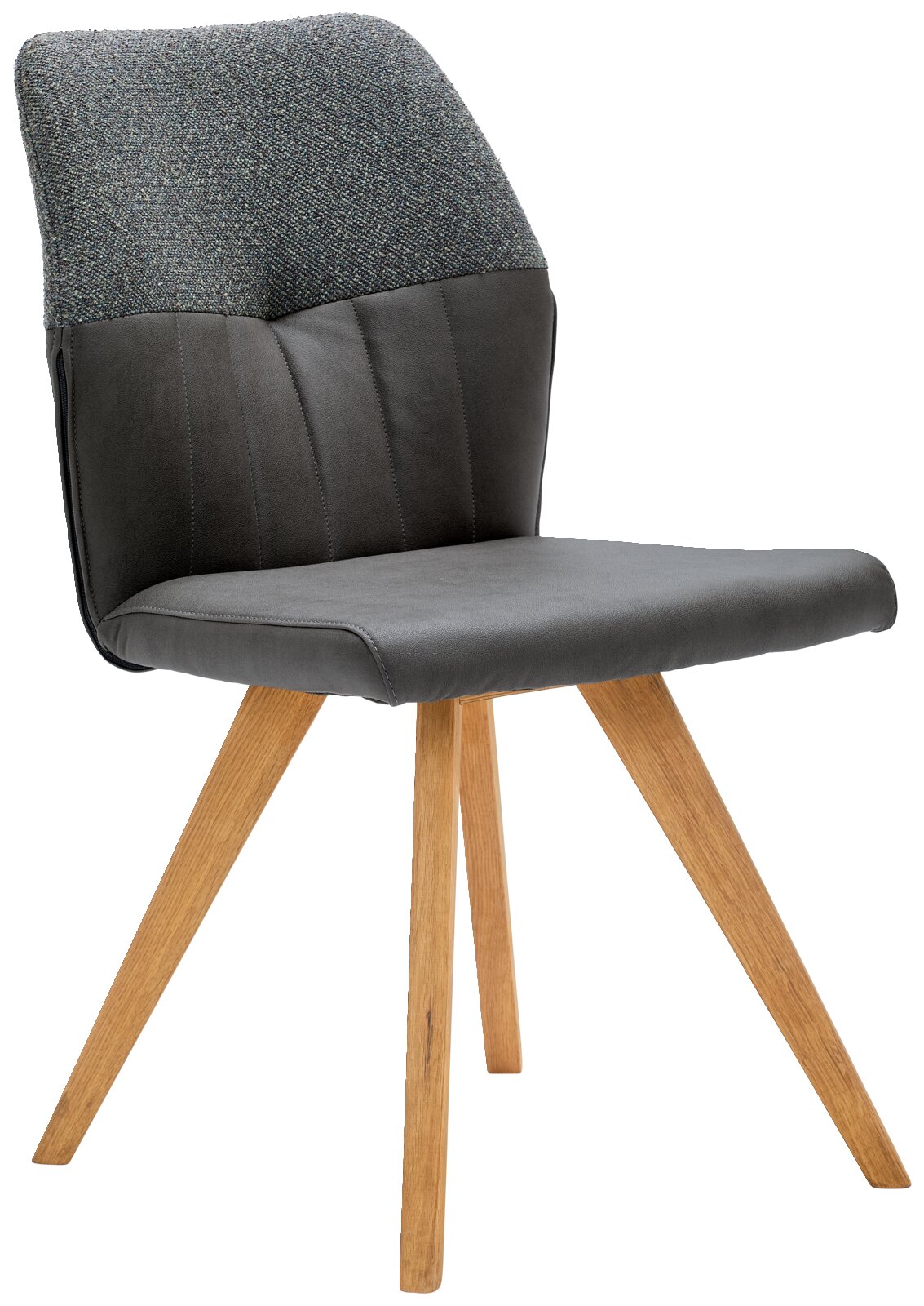 Moderner Stuhl mit grauem Sitz und Rückenlehne, kombiniert mit Holzbeinen, seitliche Perspektive