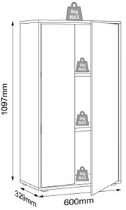 Offener, schmaler Aufbewahrungsschrank mit Einlegeböden (je 6 kg max), Maße ca. 1097 x 600 x 329 mm, dargestellt in schräger Frontansicht.