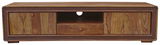TV-Tisch aus Holz mit zwei Türen, einer Schublade und einem offenen Fach, frontal betrachtet.