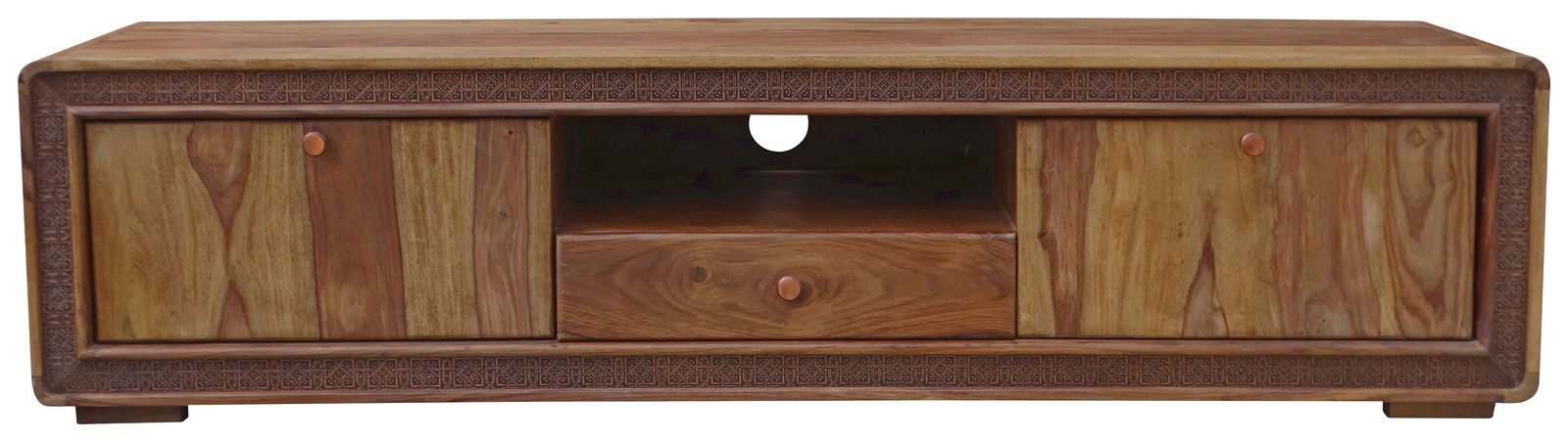 TV-Tisch aus Holz mit zwei Türen, einer Schublade und einem offenen Fach, frontal betrachtet.
