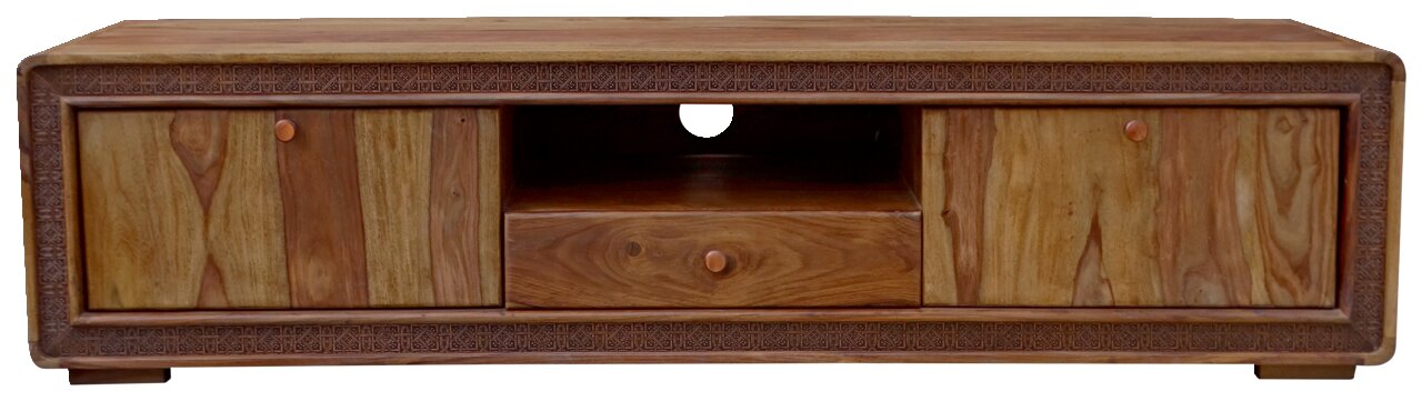 TV-Tisch aus Holz mit zwei Türen, einer Schublade und einem offenen Fach, frontal betrachtet.