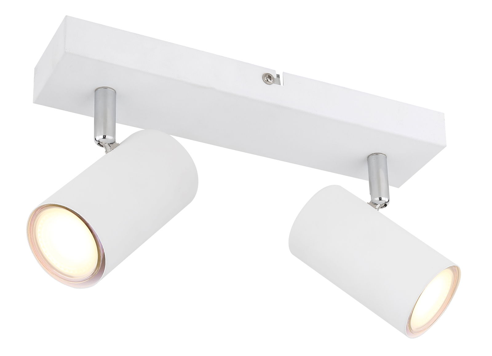 Zweiflammiger weißer Deckenstrahler mit zylindrischen Leuchten, seitliche Perspektive