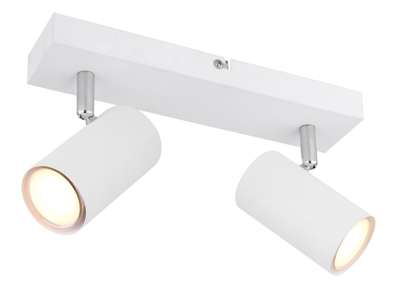 Zweiflammiger weißer Deckenstrahler mit zylindrischen Leuchten, seitliche Perspektive
