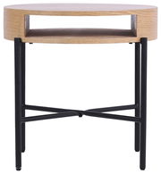 Moderner Beistelltisch aus Holz mit schwarzem Metallgestell, Frontalansicht