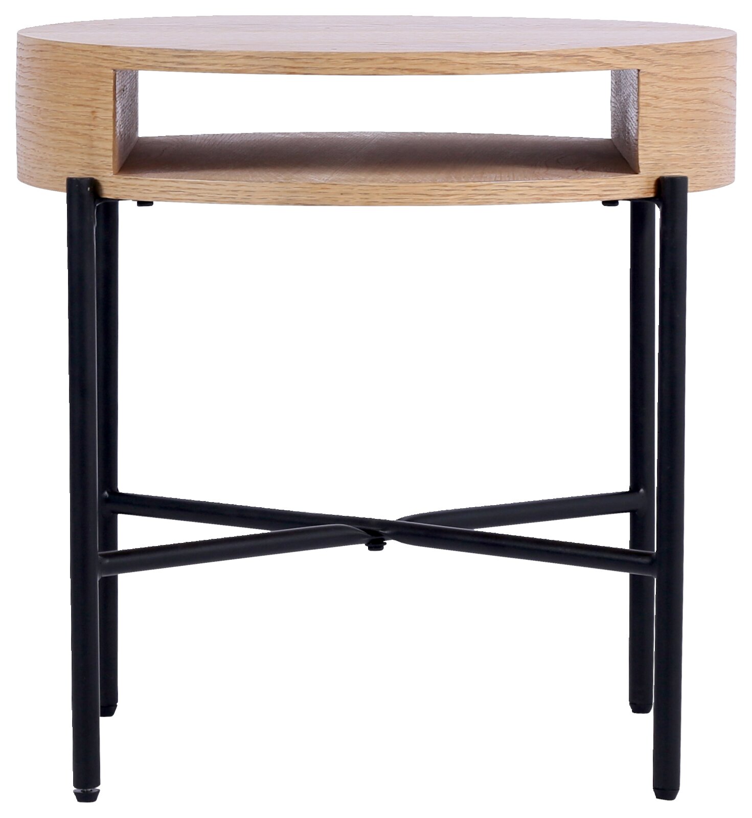 Moderne bijzettafel van hout met een zwart metalen onderstel, vooraanzicht