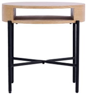 Moderne bijzettafel van hout met een zwart metalen onderstel, vooraanzicht