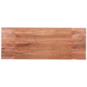 Vogelperspektive auf einen rechteckigen Esstisch aus Holz mit natürlicher Maserung.