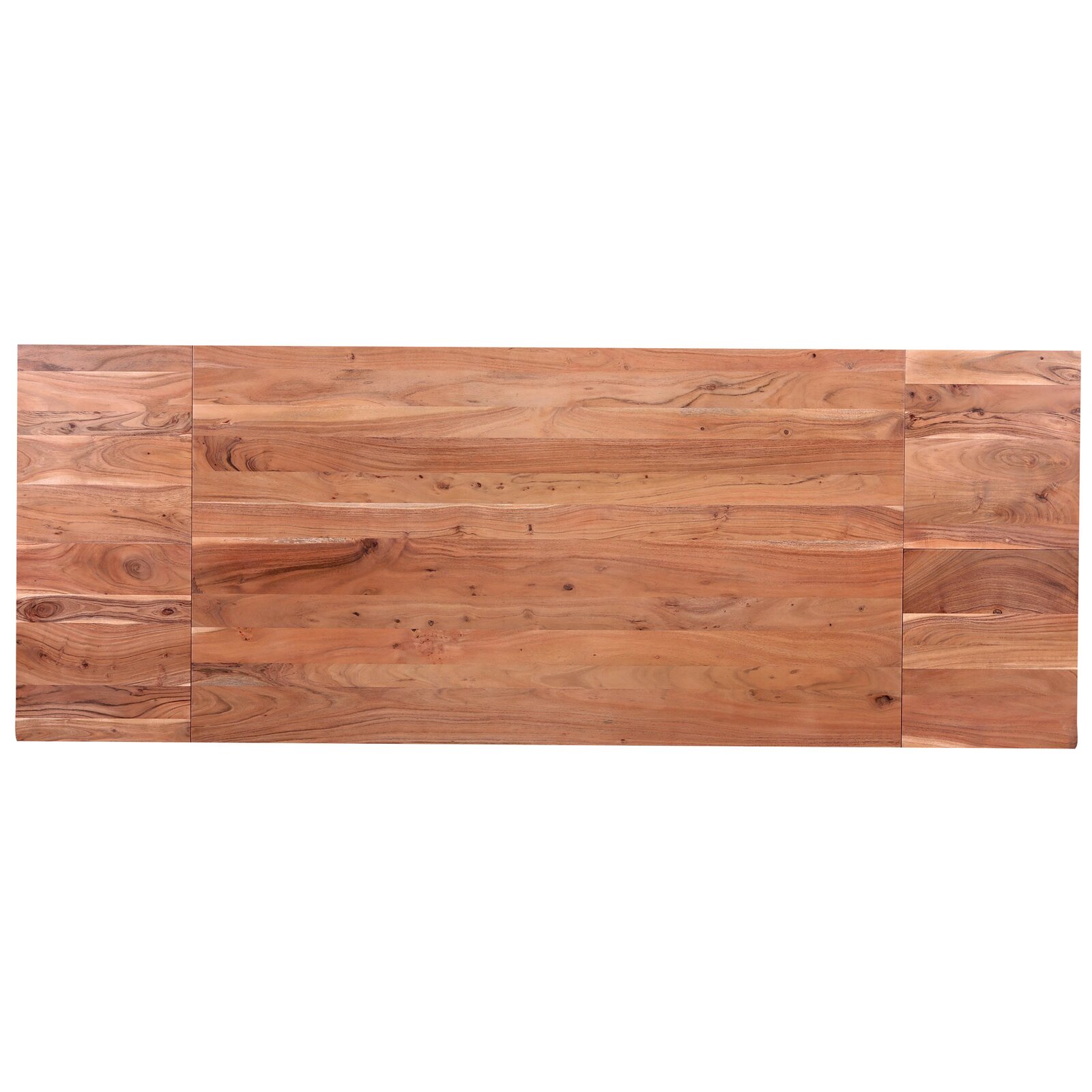 Vogelperspektive auf einen rechteckigen Esstisch aus Holz mit natürlicher Maserung.