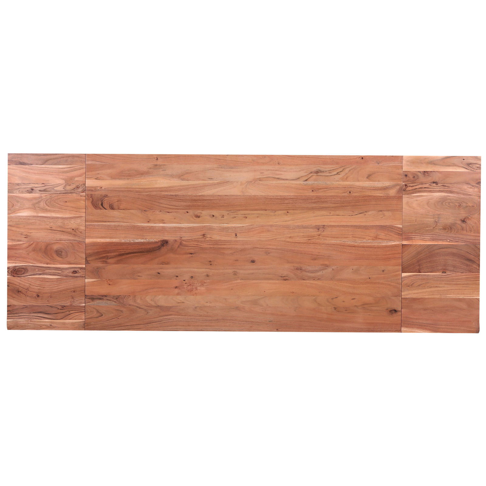 Vogelperspektive auf einen rechteckigen Esstisch aus Holz mit natürlicher Maserung.