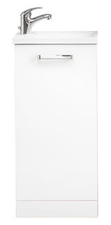 Moderner weißer Waschtischunterschrank mit Chromgriff und Wasserhahn, Frontalansicht