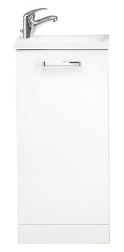 Moderner weißer Waschtischunterschrank mit Chromgriff und Wasserhahn, Frontalansicht