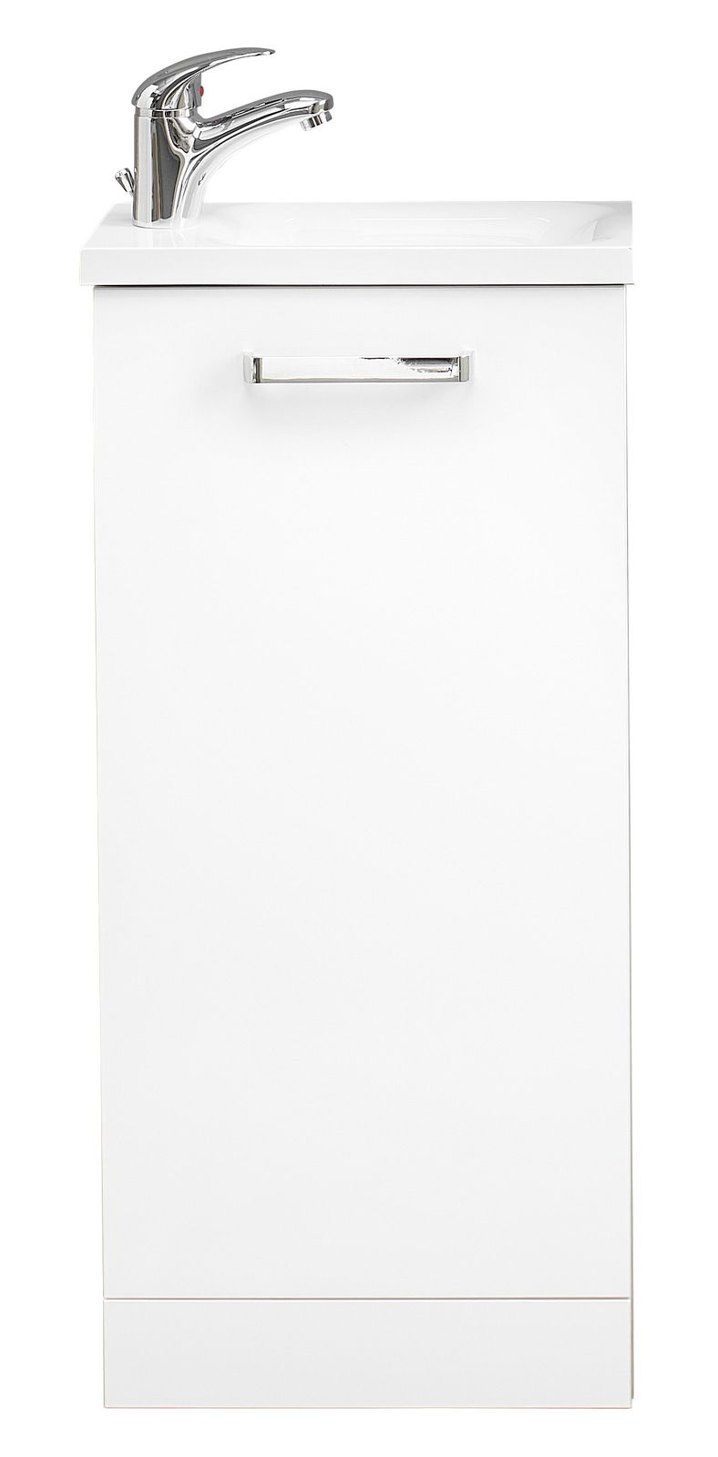 Moderner weißer Waschtischunterschrank mit Chromgriff und Wasserhahn, Frontalansicht