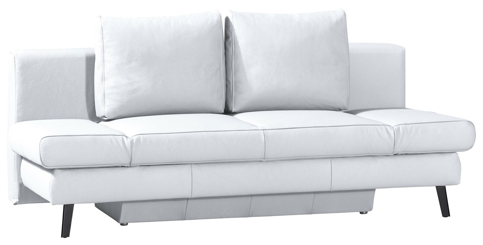 Weißes Querschläfer-Sofa mit zwei großen Rückenkissen, frontal fotografiert.