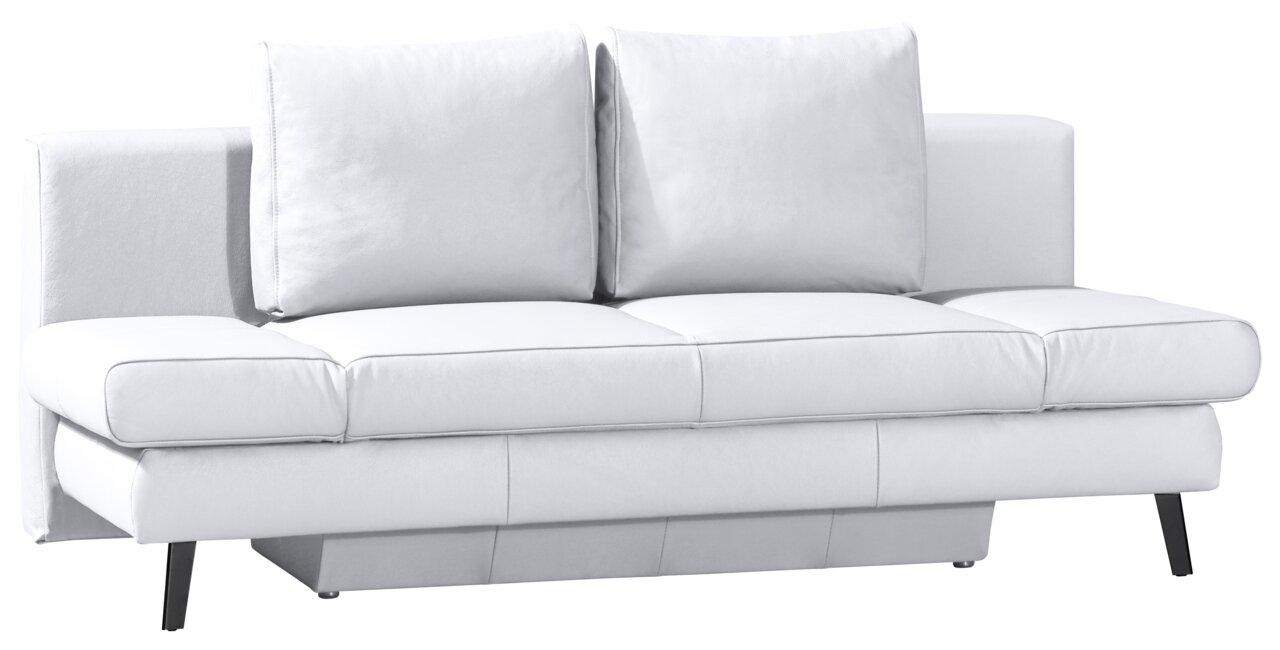 Weißes Querschläfer-Sofa mit zwei großen Rückenkissen, frontal fotografiert.