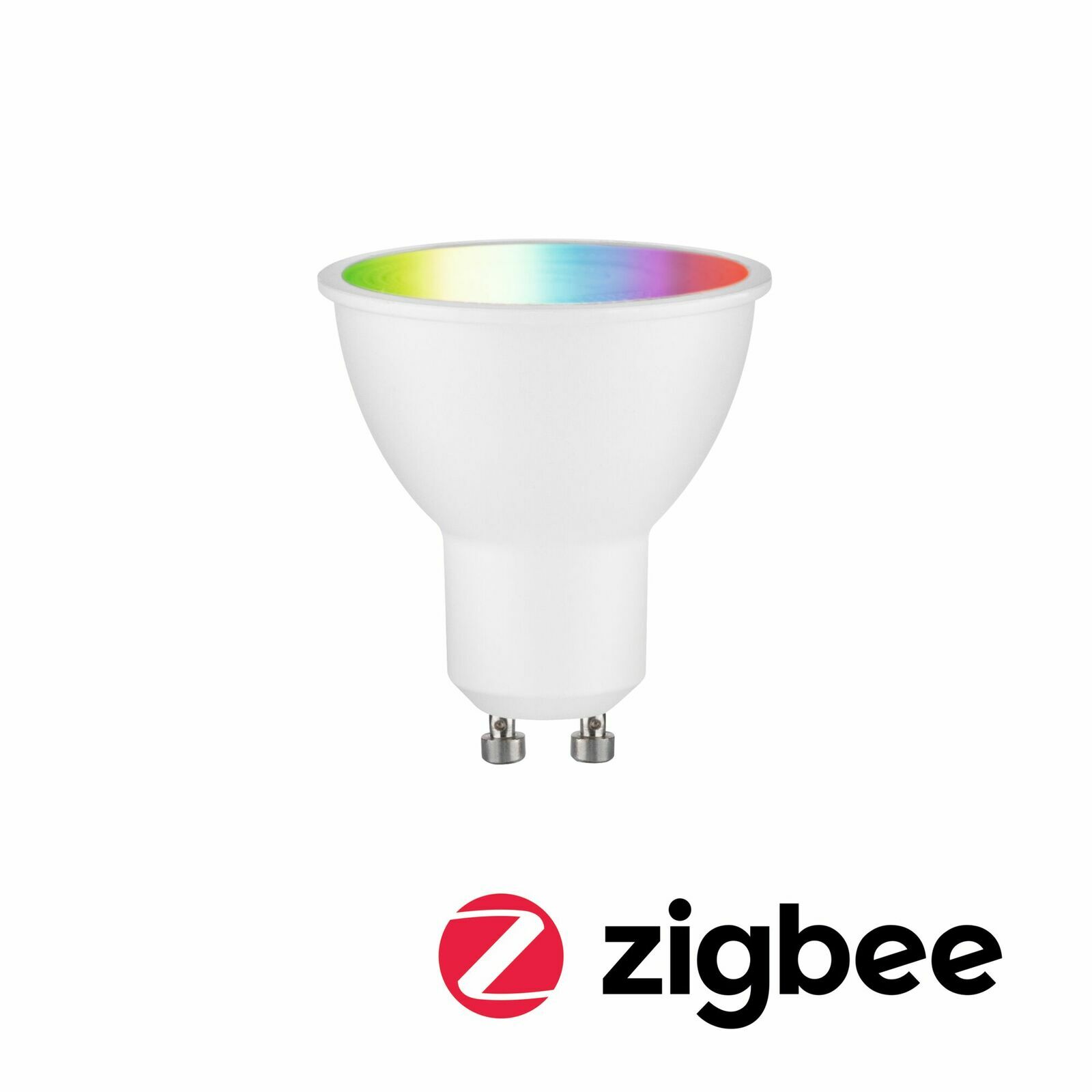 LED Leuchtmittel mit GU10-Sockel, Ansicht von schräg oben, mit Regenbogeneffekt im Inneren und Zigbee-Logo
