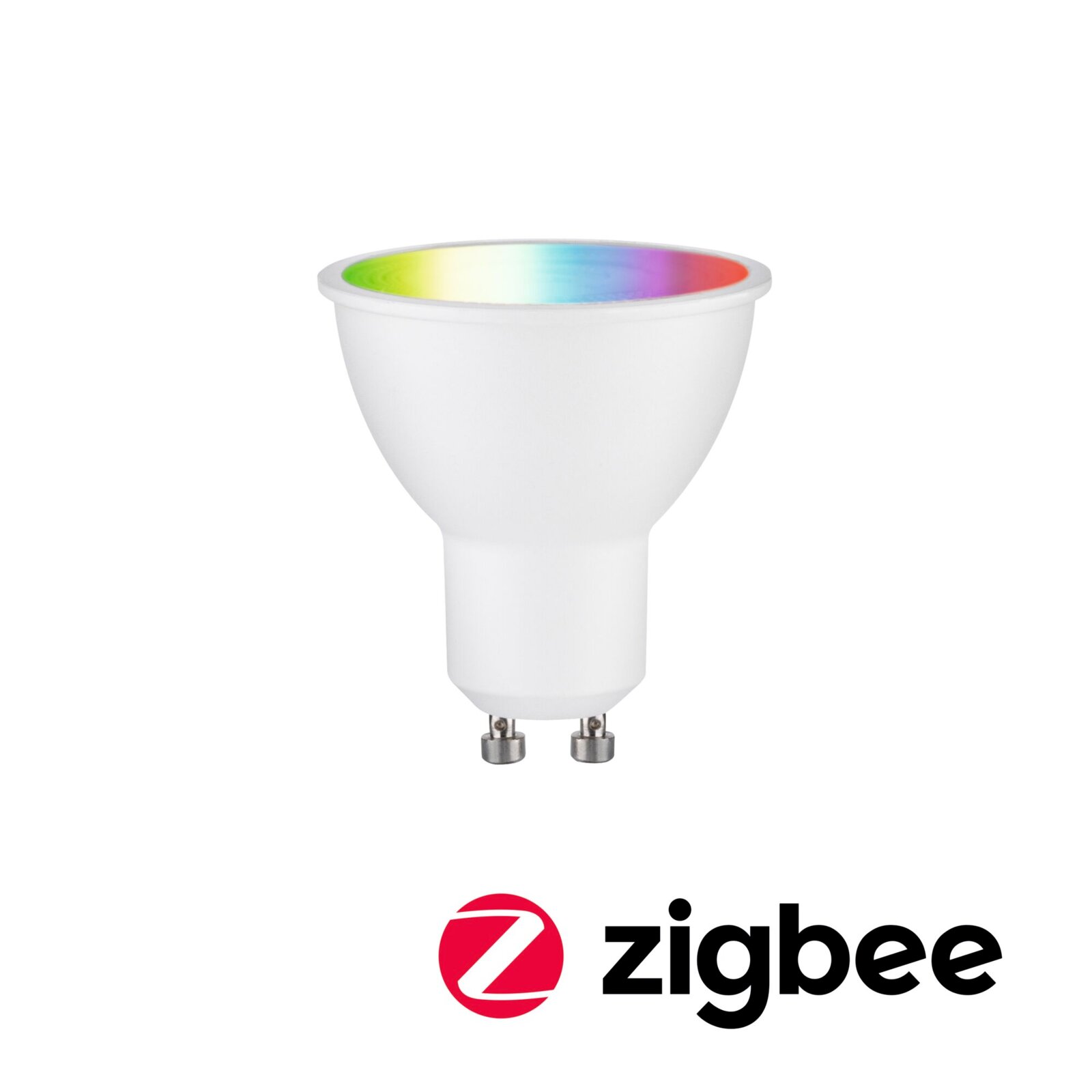 LED-lamp met GU10-fitting, gezien van schuin bovenaf, met regenboogeffect aan de binnenkant en Zigbee-logo