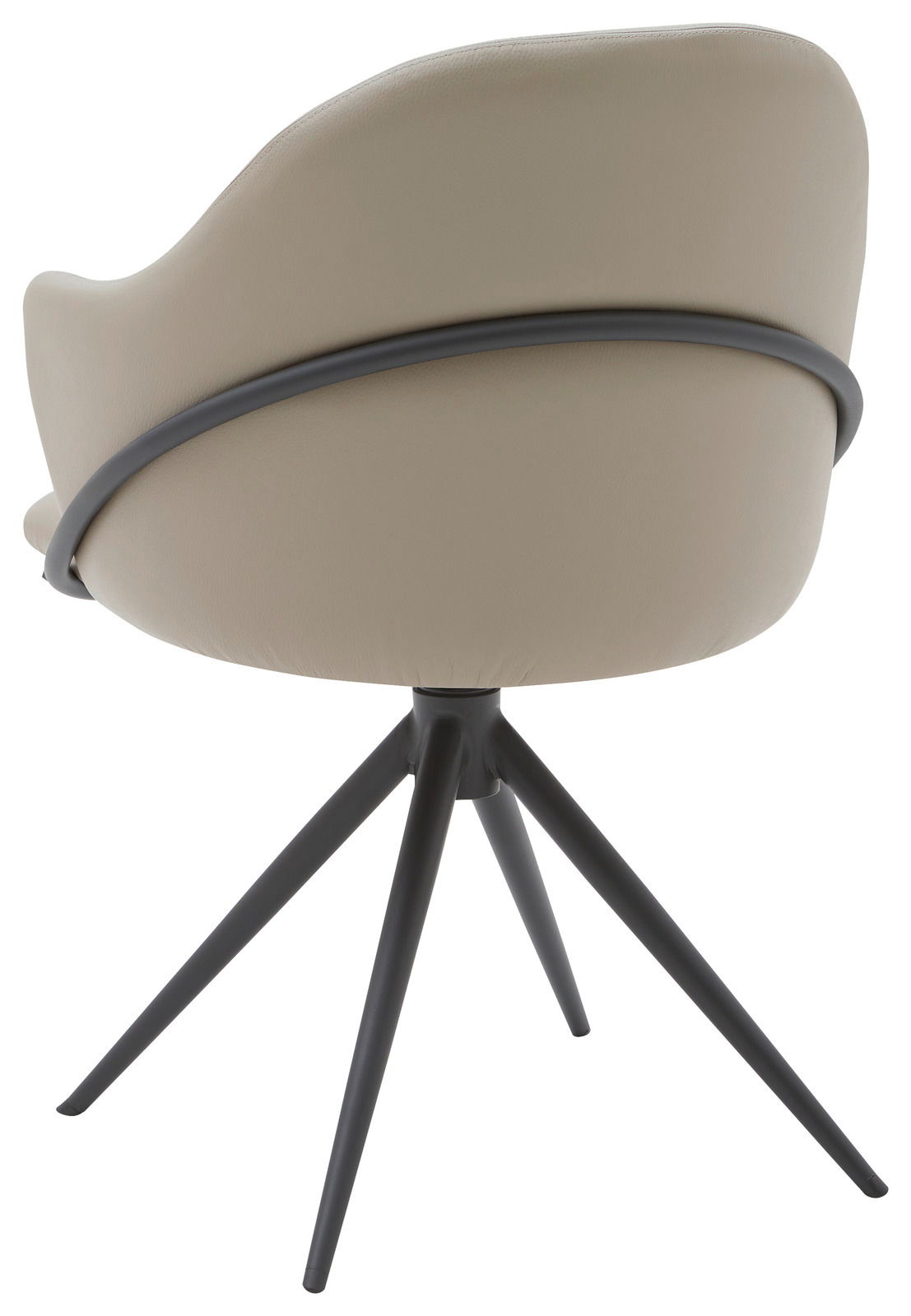 Rückansicht eines modernen Armlehnstuhls mit beigem Polster und schwarzem Metallgestell auf vier Beinen.