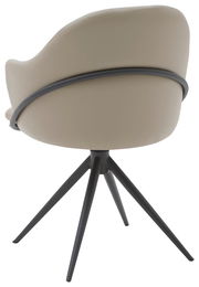 Rückansicht eines modernen Armlehnstuhls mit beigem Polster und schwarzem Metallgestell auf vier Beinen.