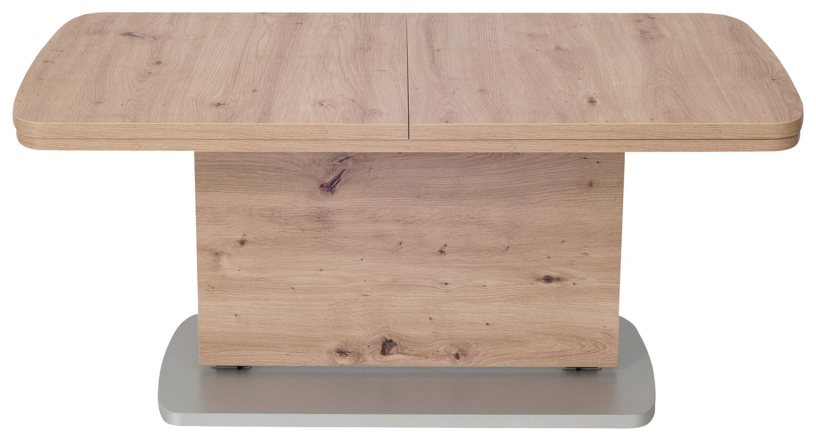 Moderner Couchtisch aus Holz in Frontansicht mit rechteckiger Tischplatte und stabiler Basis.