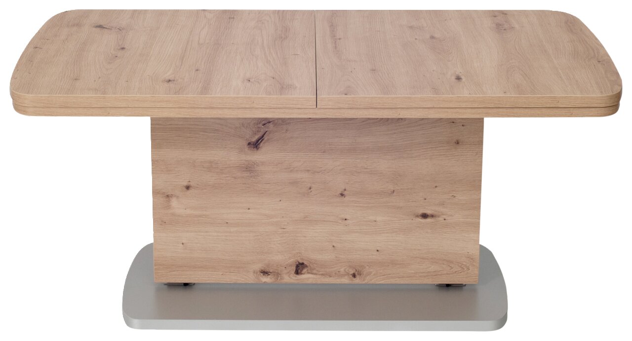 Moderner Couchtisch aus Holz in Frontansicht mit rechteckiger Tischplatte und stabiler Basis.