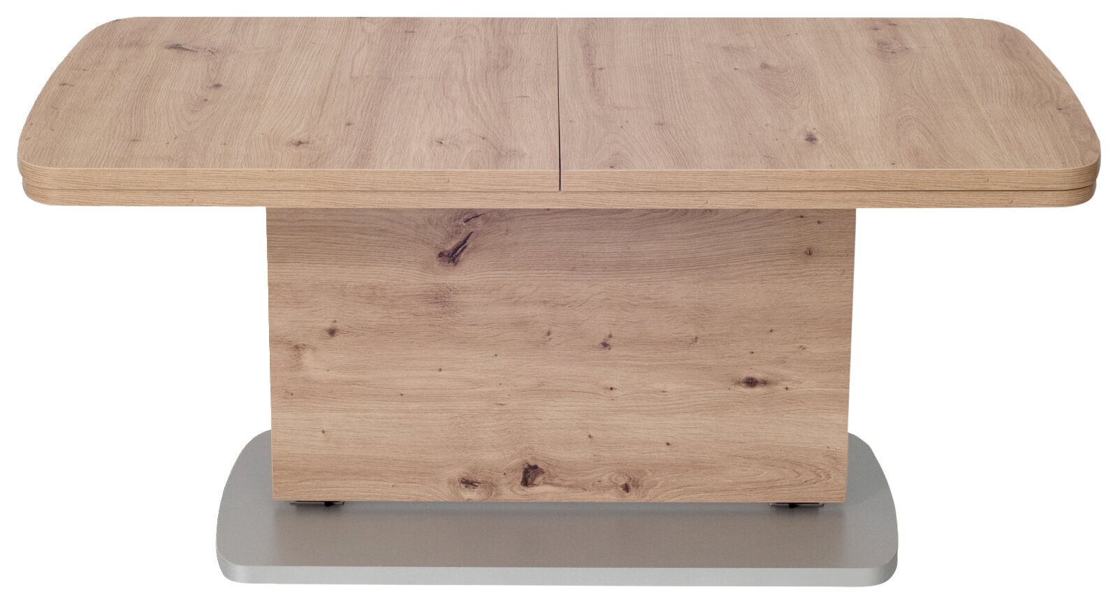 Moderne houten salontafel in vooraanzicht, met een rechthoekig tafelblad en een stevig onderstel.