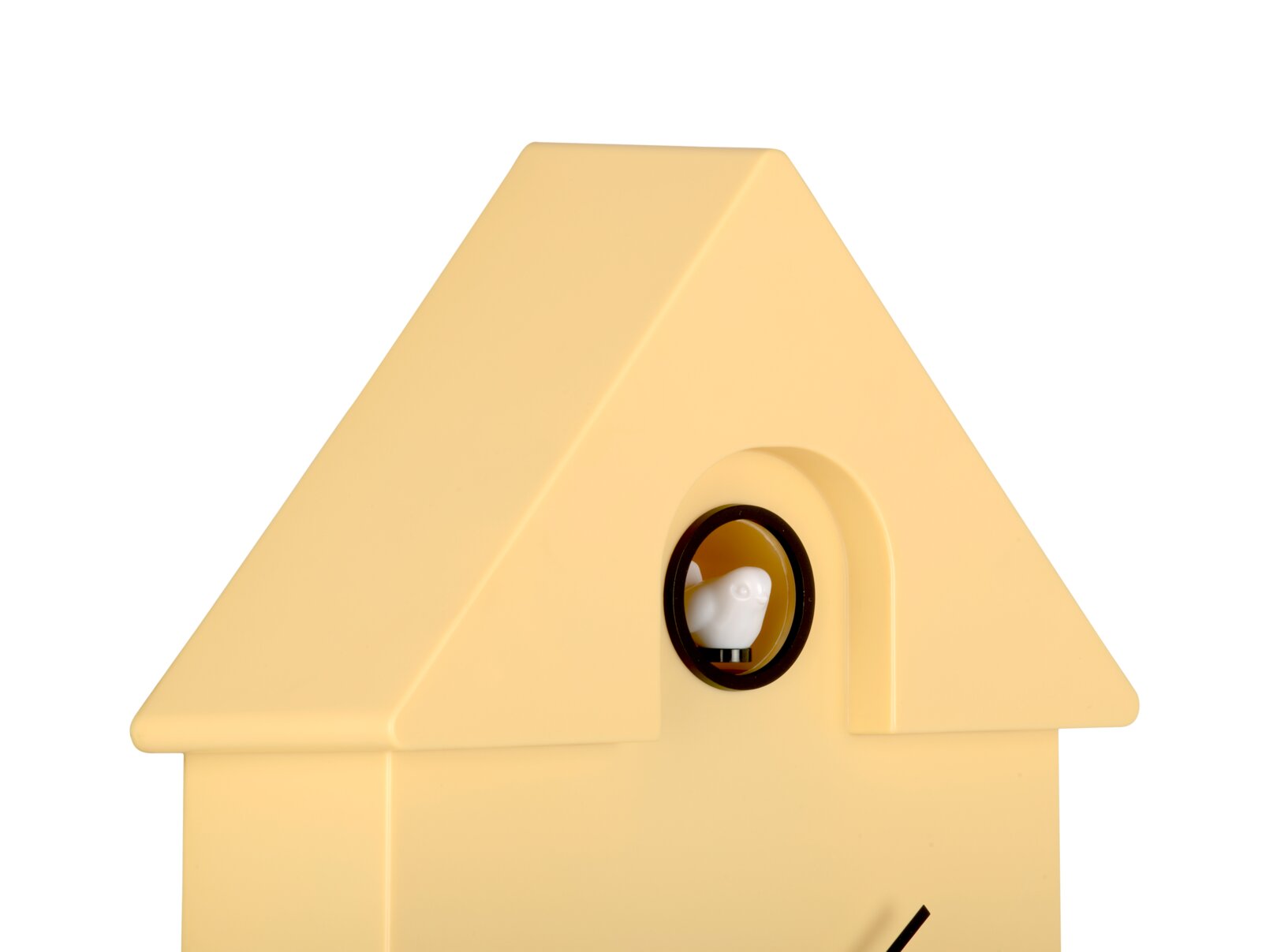 Gele wandklok in de vorm van een huis met koekoek, zijaanzicht