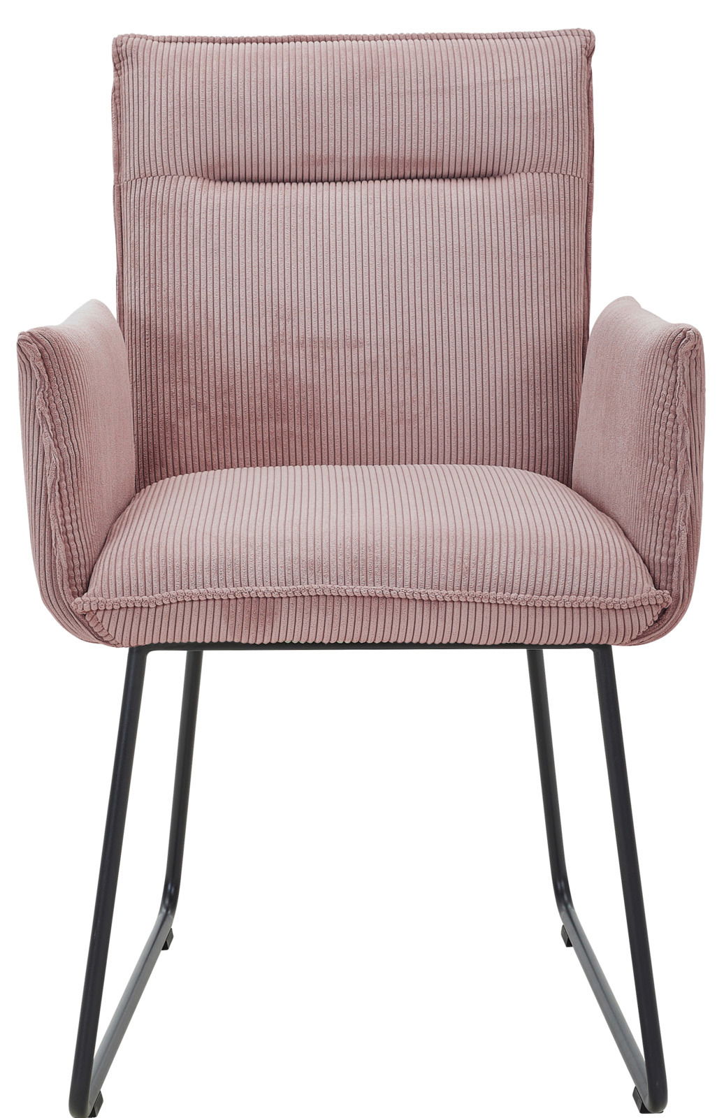 Vorderansicht eines rosa Armlehnstuhls mit geripptem Stoffbezug und schwarzen Metallbeinen.
