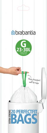 Müllbeutel von Brabantia, Größe G, 23-30 Liter, in einem Mülleimer mit leichtem Transport- und Verschlussband, Vorderansicht.