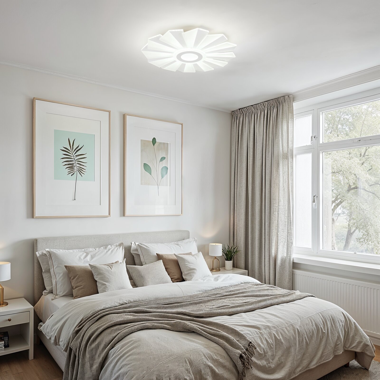 Moderne weiße Deckenleuchte in Blütenform, eingeschaltet, über einem hellen Schlafzimmer mit Doppelbett und Fenster – Perspektive: leicht nach oben gerichtete Raumaufnahme aus Eckansicht