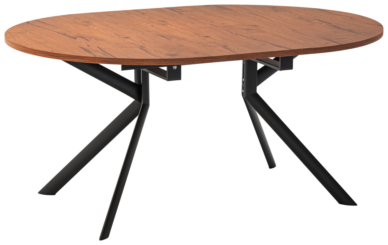 Ovaler Esstisch mit Holzplatte und schwarzen Metallbeinen, seitliche Perspektive