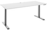 Moderner E-Schreibtisch in Weiß mit grauen Metallbeinen, seitliche Perspektive