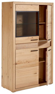 Hochwertiges Highboard aus Holz mit Glastür und mehreren Fächern, seitliche Perspektive