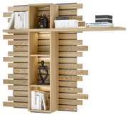 Modernes Wandregal aus hellem Holz mit versetzt angeordneten Lamellen, integrierter Beleuchtung und Ablageflächen, bestückt mit Büchern und Deko; frontale Ansicht.