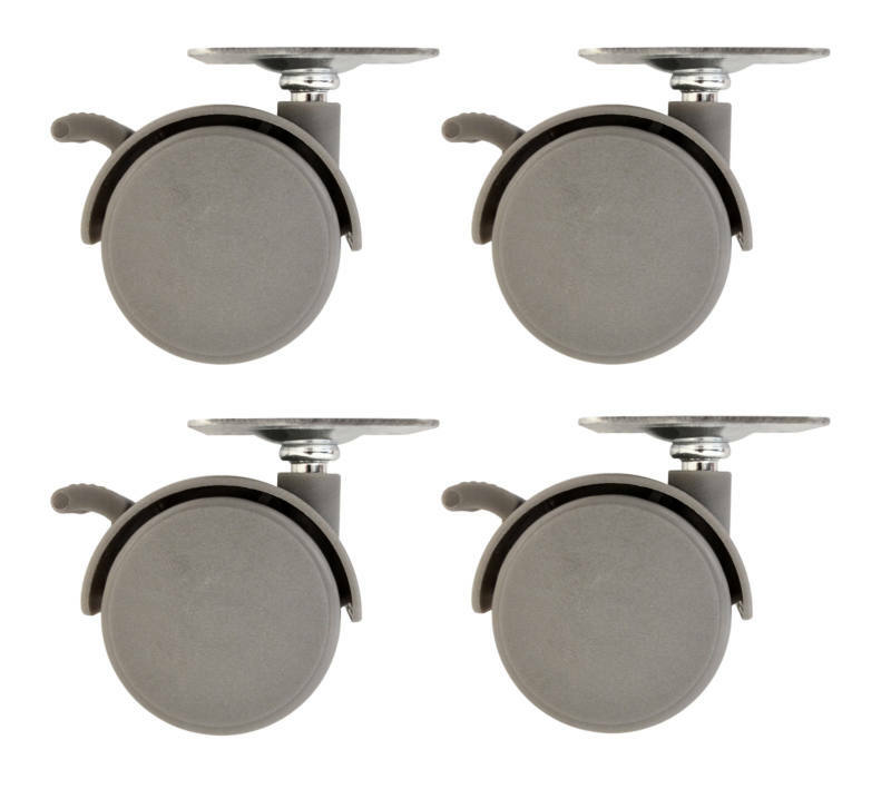 Vier graue Rollen mit Befestigungsplatte, seitliche Ansicht