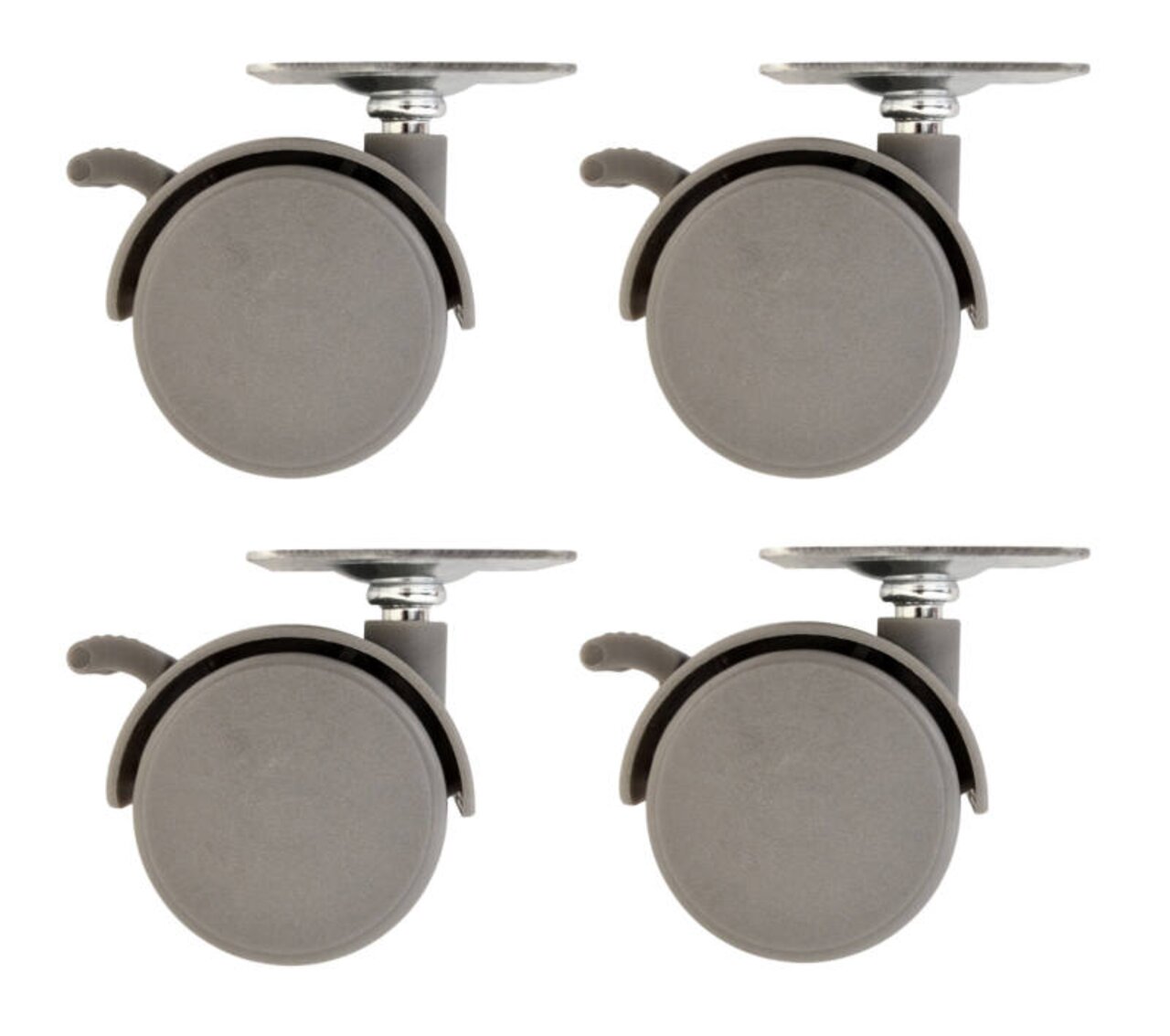 Vier graue Rollen mit Befestigungsplatte, seitliche Ansicht