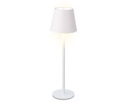 Weiße LED Tischleuchte mit konischem Lampenschirm, seitliche Perspektive