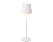 Weiße LED Tischleuchte mit konischem Lampenschirm, seitliche Perspektive