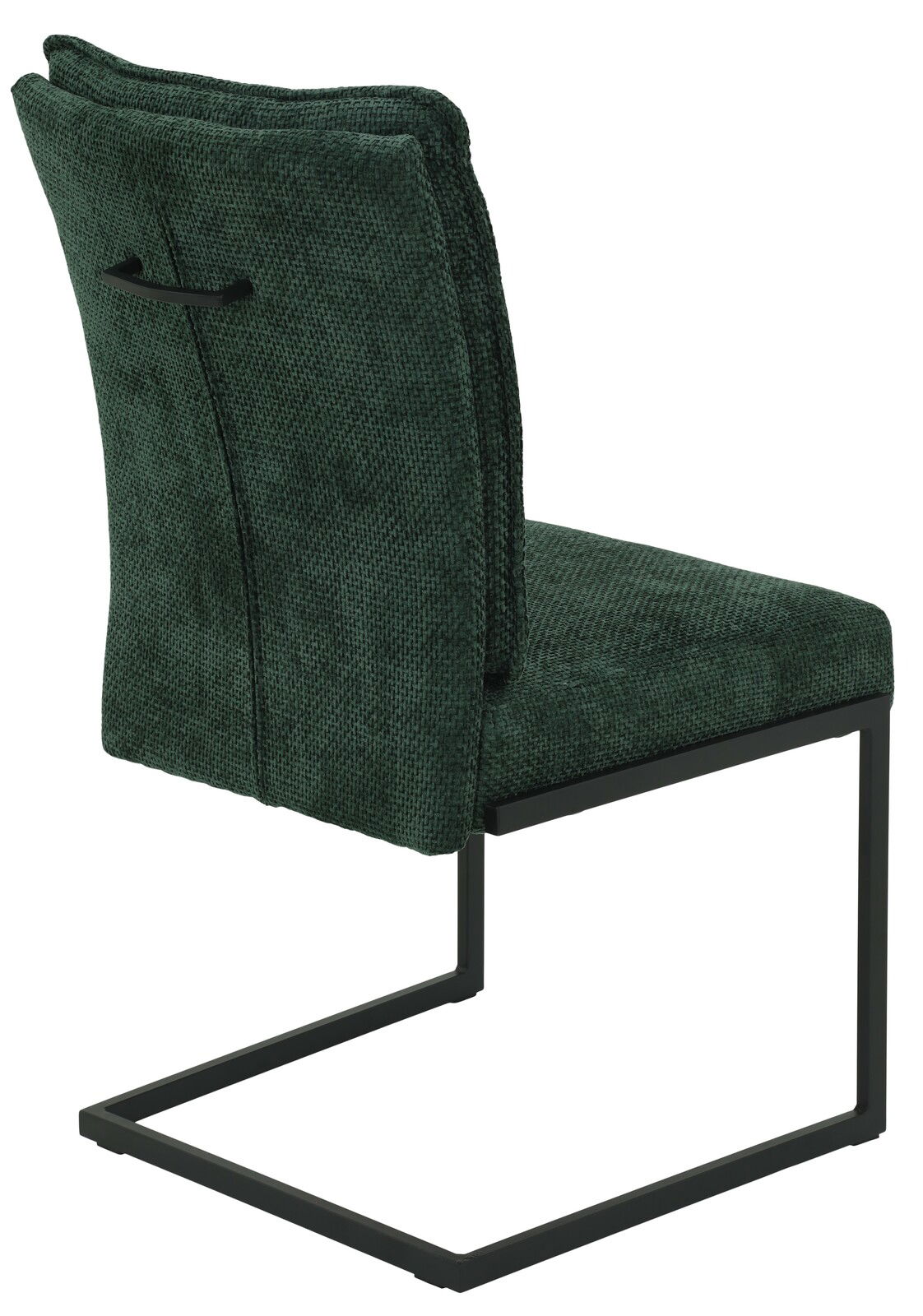 Rückansicht eines modernen Schwingstuhls mit grünem Stoffbezug und schwarzem Metallgestell.