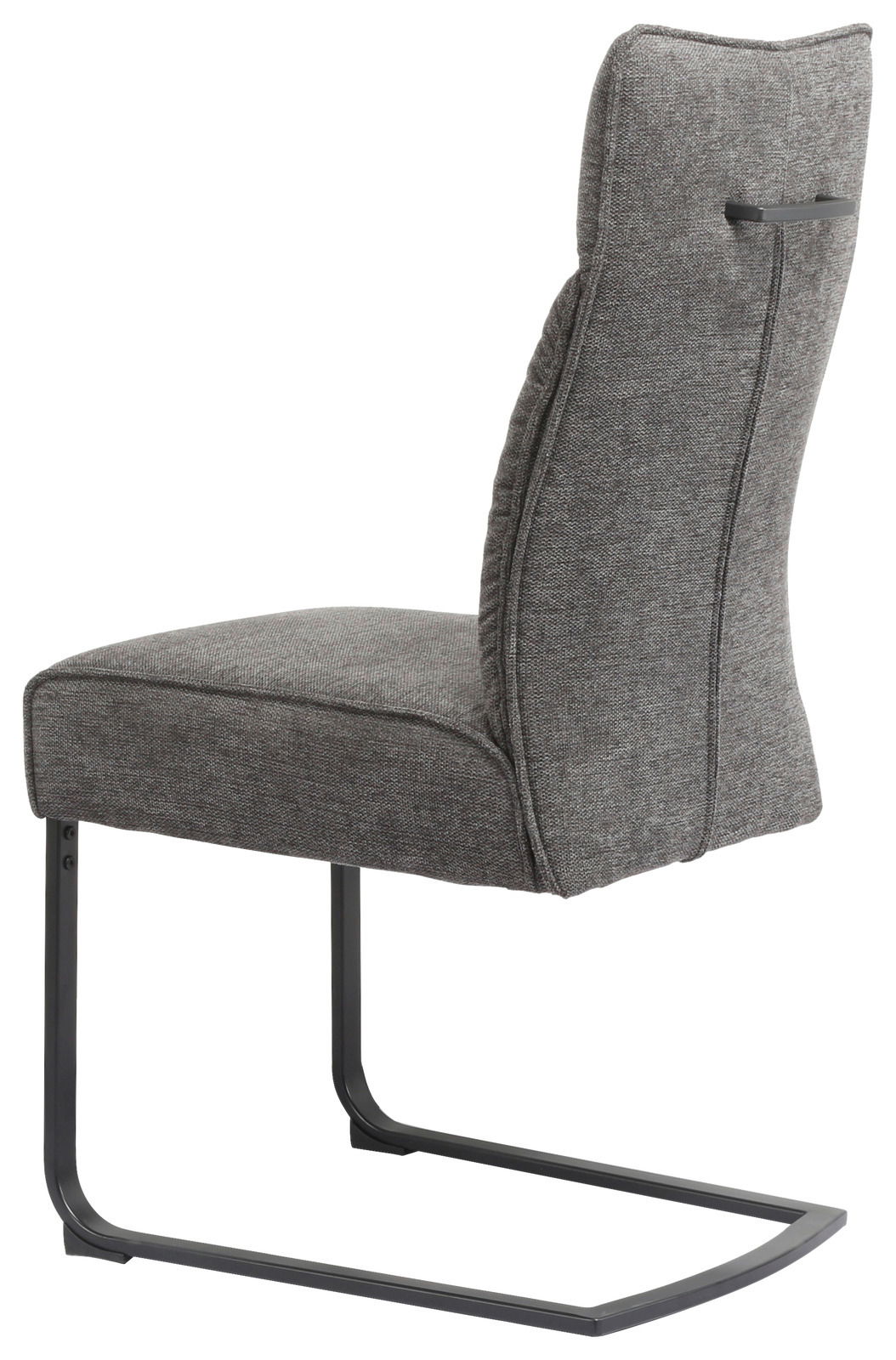 Seitenansicht eines grauen Freischwinger-Stuhls mit Metallgestell und gepolsterter Rückenlehne.