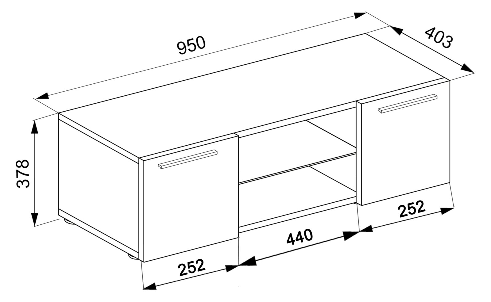 Technische Maßzeichnung eines TV-Lowboards mit zwei Türen und offenem Mittelregal, Maße ca. 950 x 403 x 378 mm, perspektivische Ansicht schräg von vorne oben.