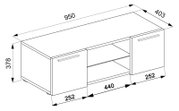 Technische Maßzeichnung eines TV-Lowboards mit zwei Türen und offenem Mittelregal, Maße ca. 950 x 403 x 378 mm, perspektivische Ansicht schräg von vorne oben.