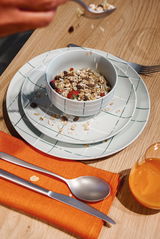 Ein flacher Teller mit einem modernen Karomuster, darauf eine Schale mit Müsli und Beeren, aus der Vogelperspektive fotografiert.