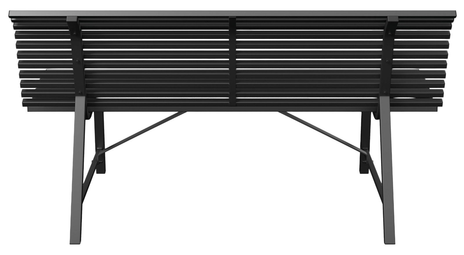 Rückansicht einer modernen schwarzen Gartenbank mit Metallstreben.