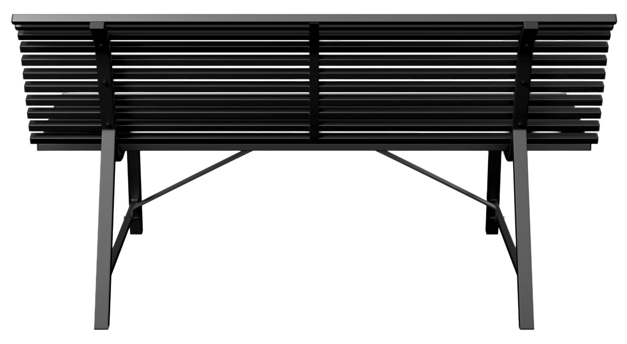 Rückansicht einer modernen schwarzen Gartenbank mit Metallstreben.