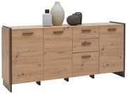 XL-Sideboard aus hellem Holz mit vier Türen und zwei Schubladen, dekoriert mit Vasen, Frontalansicht